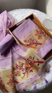 Weave & Wear Lavender Paithani Muga Cotton Unstitched Suit Set